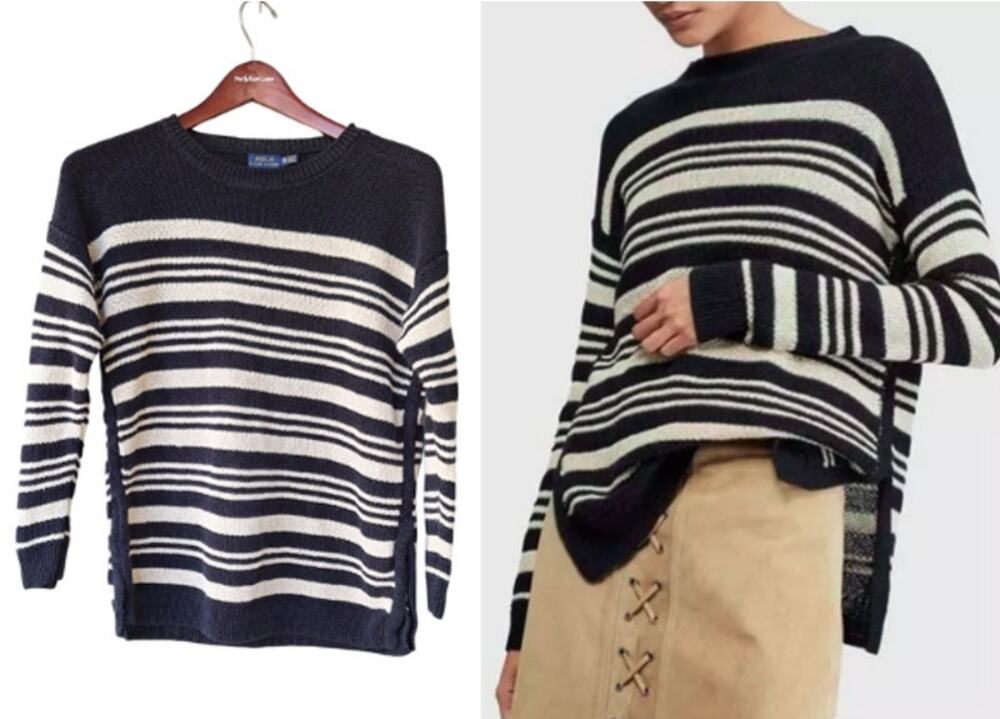 Polo Ralph Lauren Women's 100% Linen Knit Striped Sweater Black Beige Size XL